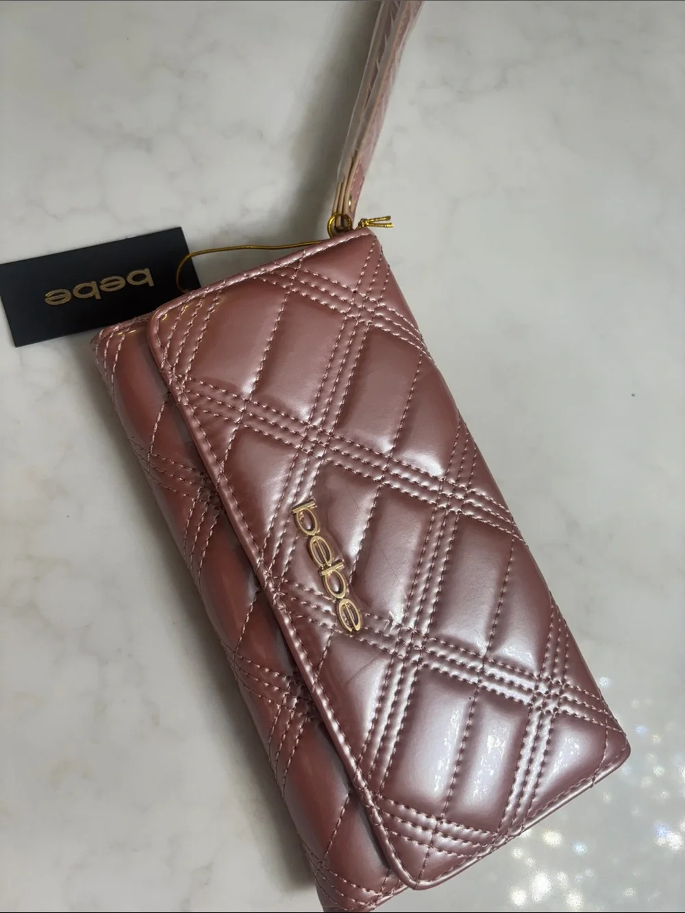 bebe Quilted Clutch in Mauve Brown with Gold Hardware